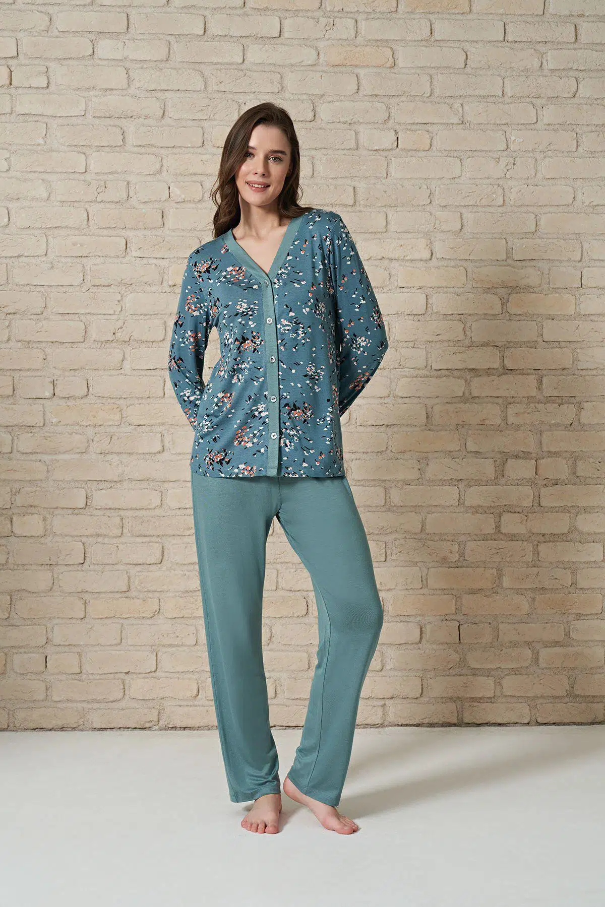 Pijadore 1729 Kadın Önden Düğmeli Uzu Kol Pijama Takım - YEŞİL