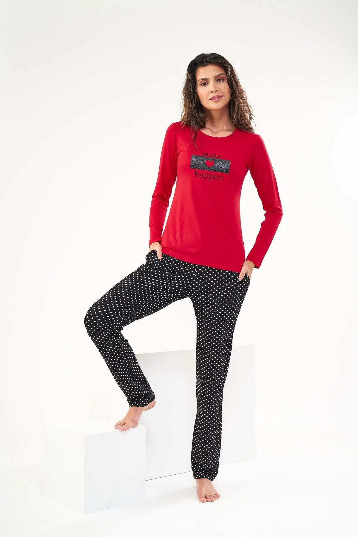 PJS 22422 Kadın Baskılı O Yaka Pijama Takım - BORDO