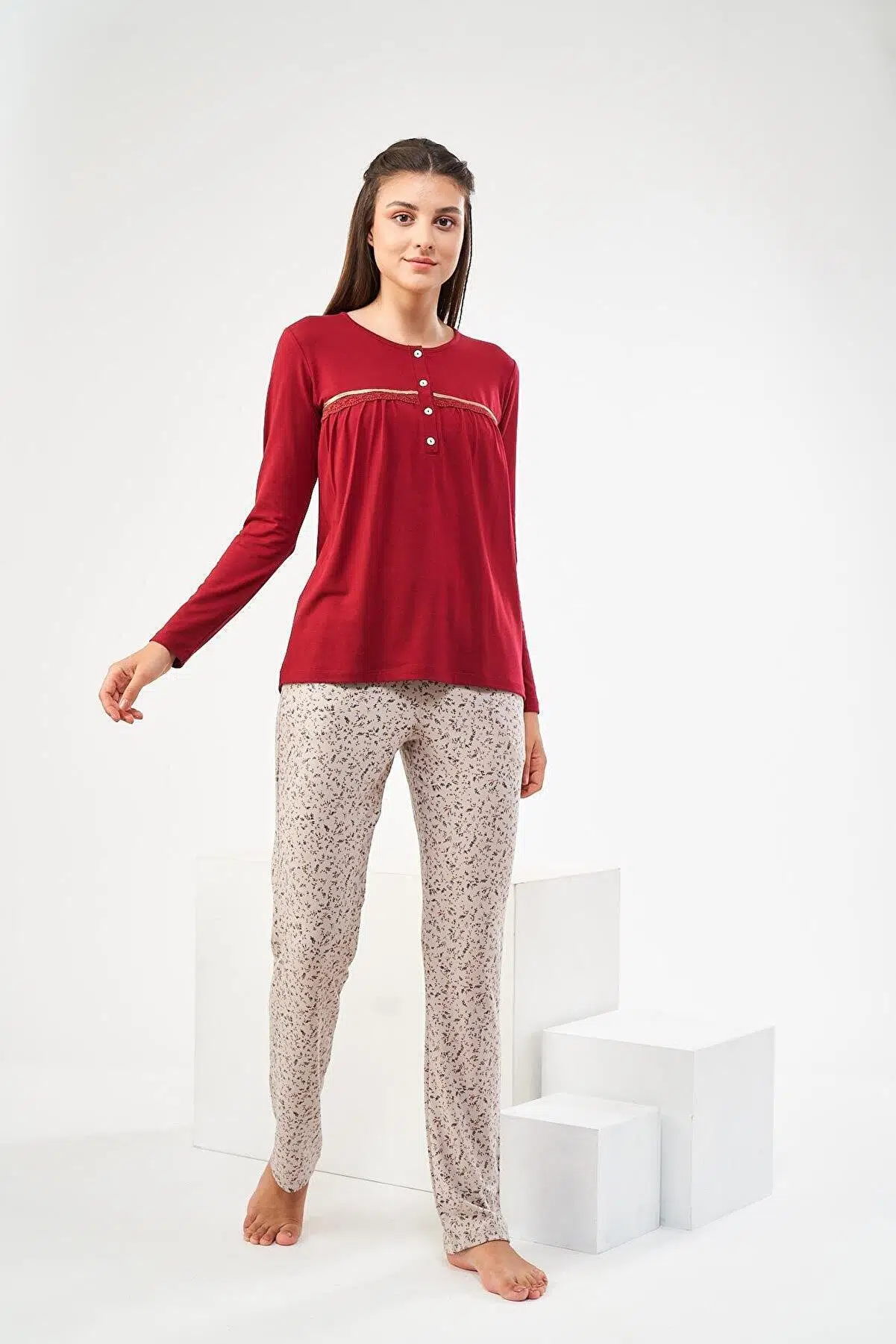 PJS 22425 Kadın Düz Dantelli Patlı Pijama Takım - BORDO