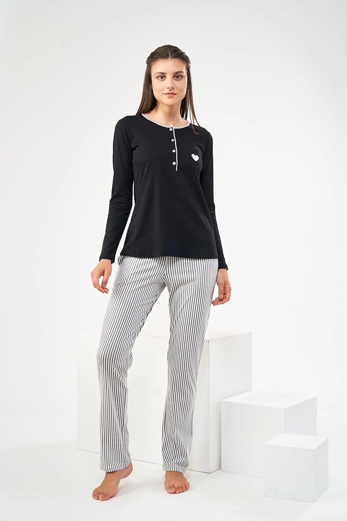 PJS 22443 Kadın Patlı Çizgili Pijama Takım - SİYAH