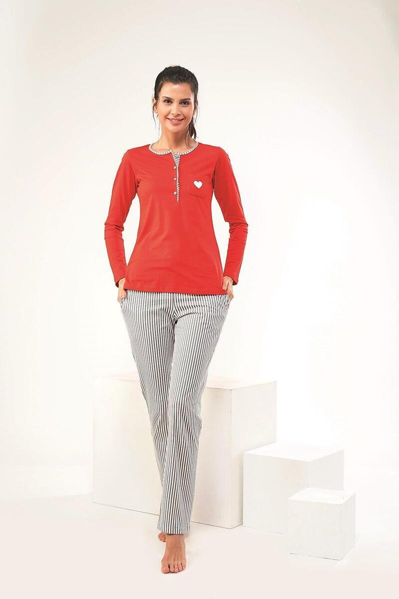 PJS 22443 Kadın Patlı Çizgili Pijama Takım - KIRMIZI