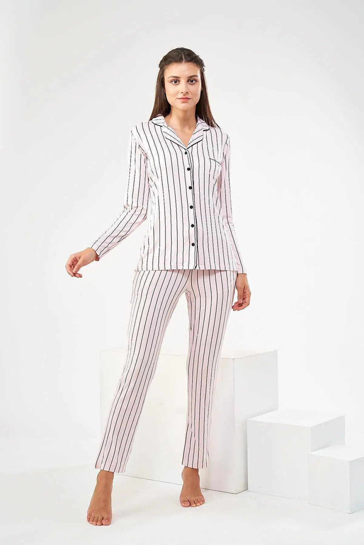 PJS 22447 Kadın Çizgili Düğmeli Pijama Takım - PUDRA