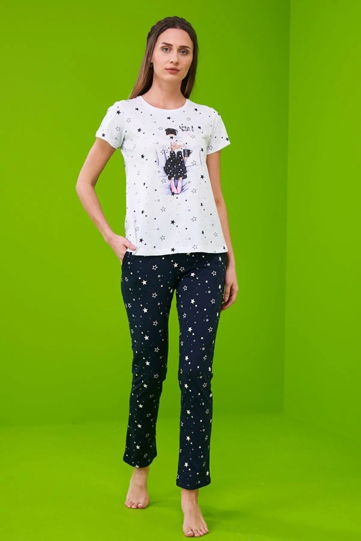 Pjs 23102 Kadın Yıldız Desenli Pijama Takım - BEYAZ