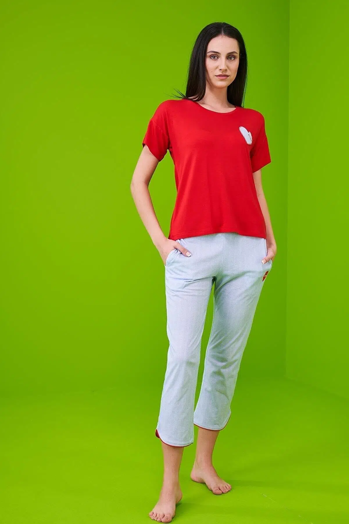 Pjs 23115 Kadın Kapri Pijama Takımı - KIRMIZI