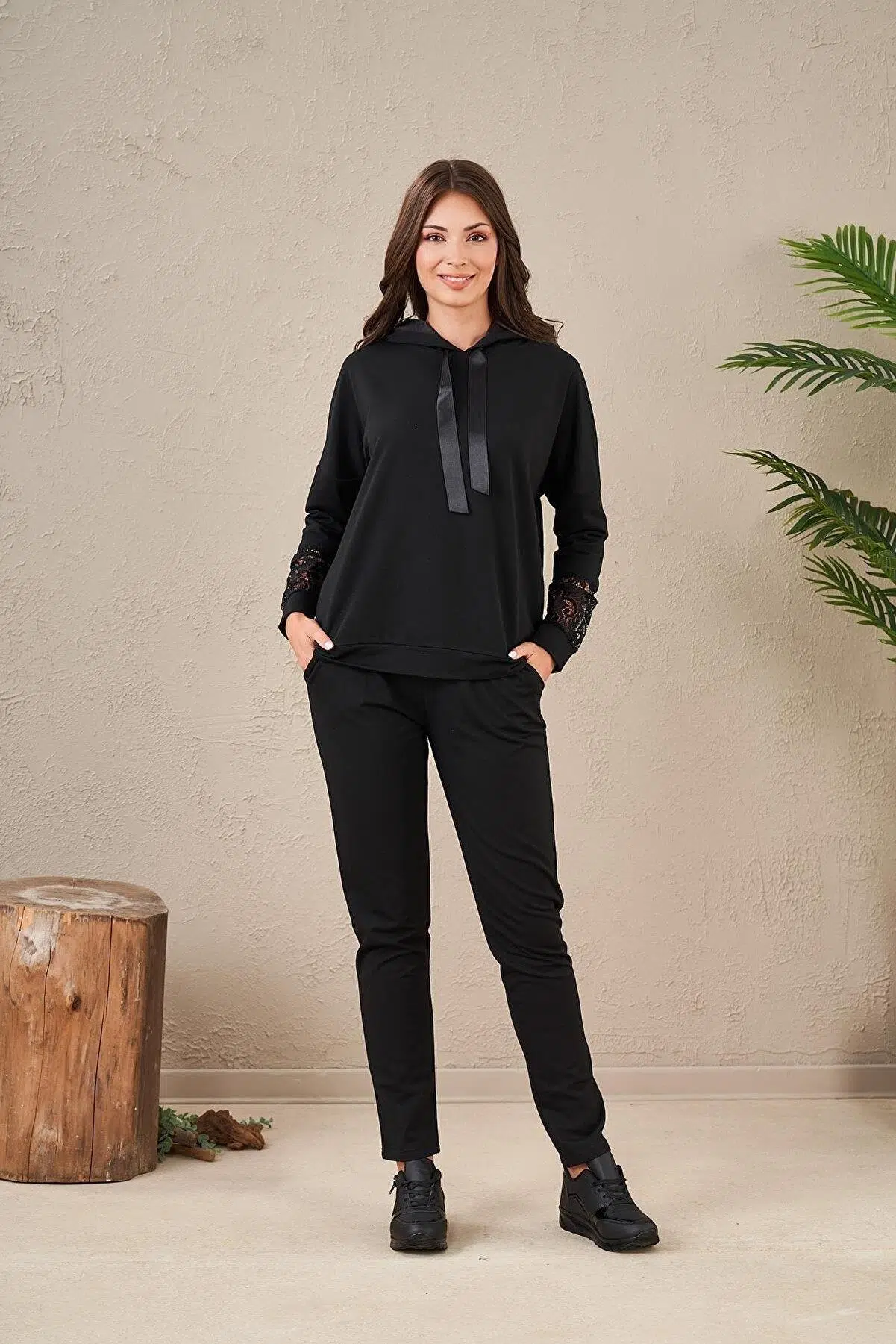 Pjs 23573 Kadın Kapüşonlu Eşofman Takım - SİYAH