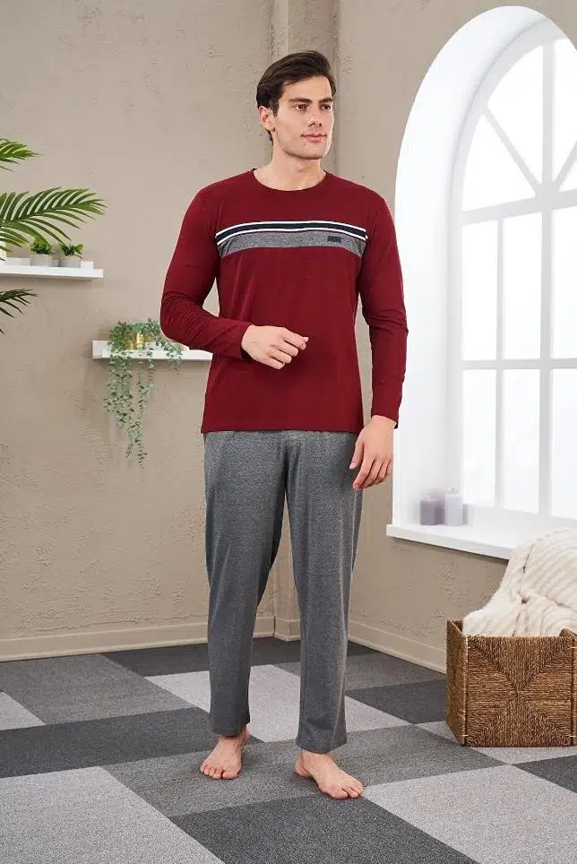 Pjs 23707 Erkek Bisiklet Yaka Pijama Takım - BORDO
