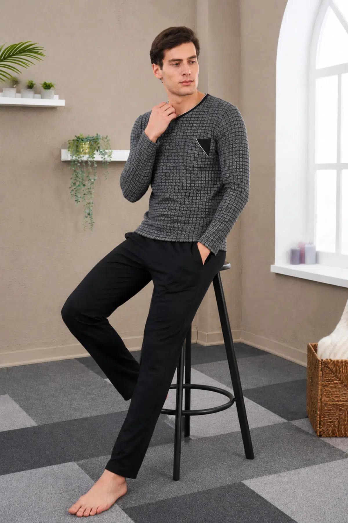 Gd Goldoremi Premium Erkek Jakarlı Pamuklu Orta Kalın Uzun Kollu Rahat Kalıp Pijama Takım
