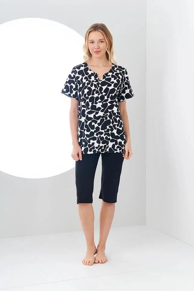 Pjs 24129 Kadın Üst Desenli Kapri Takım - SİYAH