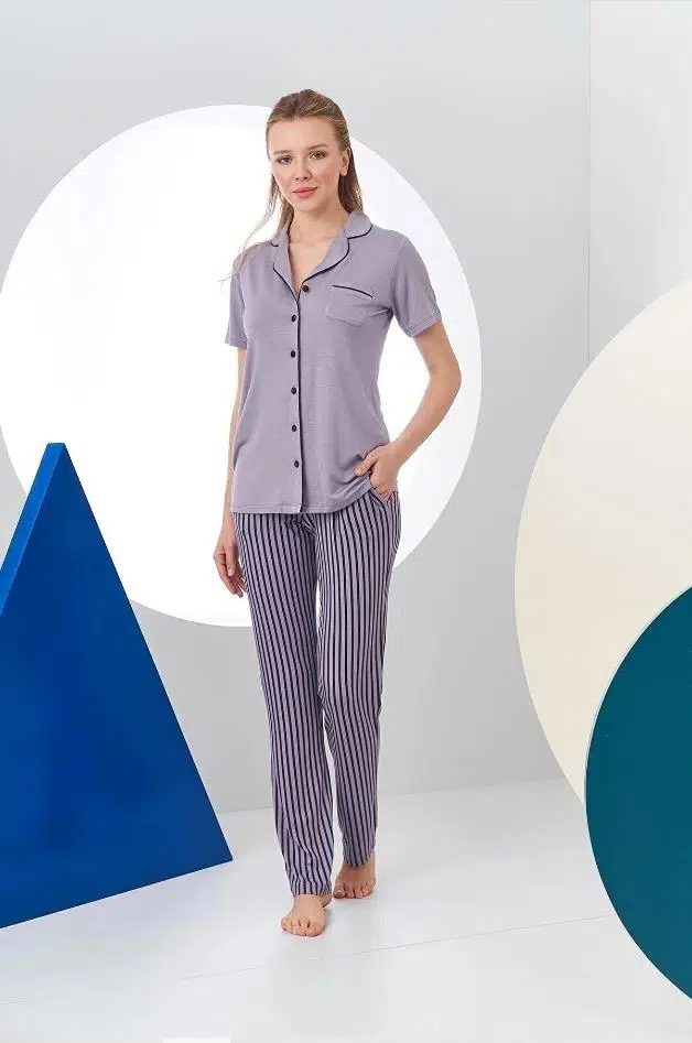 Pjs 24156 Kadın Çizgili Düğmeli Pijama Takım - LİLA