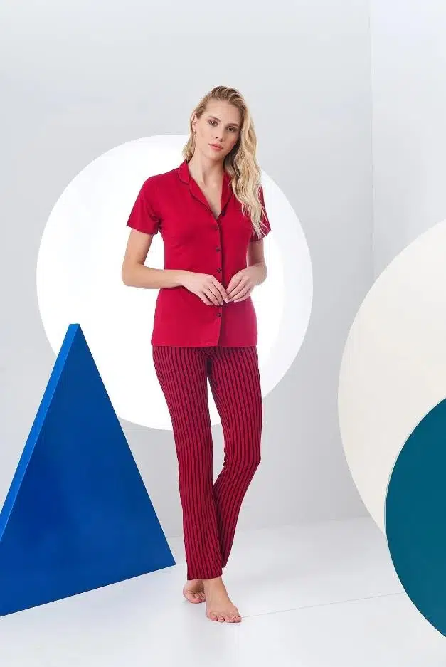 Pjs 24156 Kadın Çizgili Düğmeli Pijama Takım - BORDO