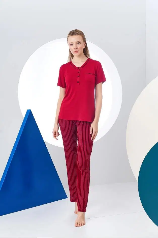 Pjs 24157 Kadın Çizgili Patlı Kısa Kol Pijama Takım