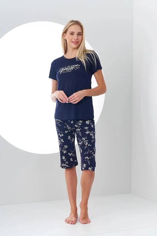 Pjs 24164 Kadın Desenli Kapri Takım - LACİVERT