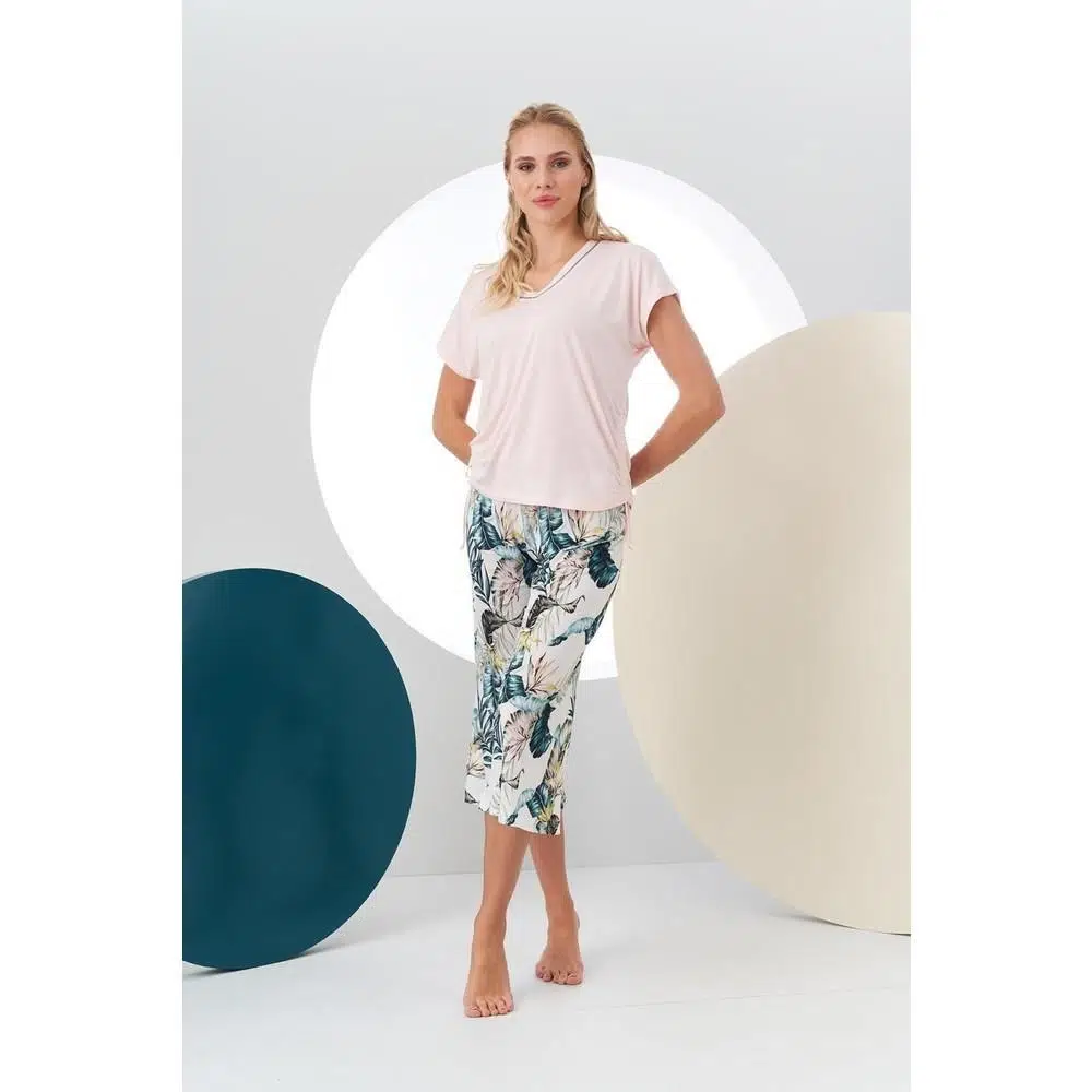 Pjs 24190 Kadın Desenli Kapri Takım - PEMBE