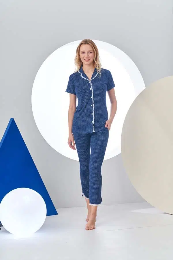 Pjs 24203 Kadın Puanlı Düğmeli Pijama Takım - LACİVERT