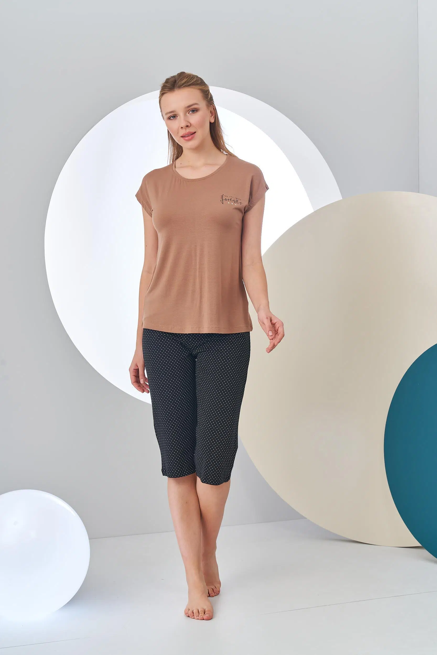 Pjs 24212 Kadın Puanlı Forever Baskılı Kapri Takım - SİYAH