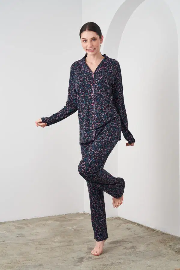 Pjs 24548 Kadın Düğmeli Desenli Pijama Takım - SİYAH