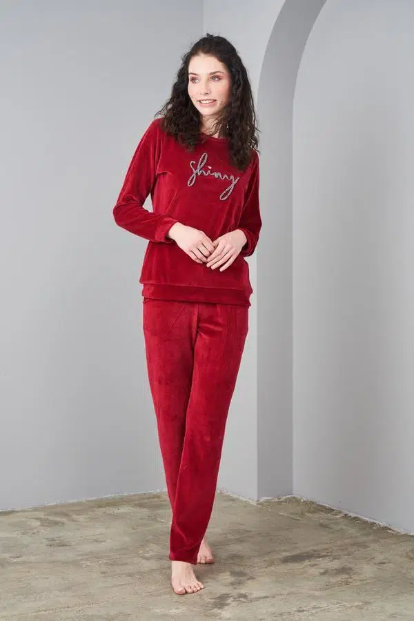 Pjs 24579 Kadın Sıfır Yaka Kadife Spor Takım - BORDO
