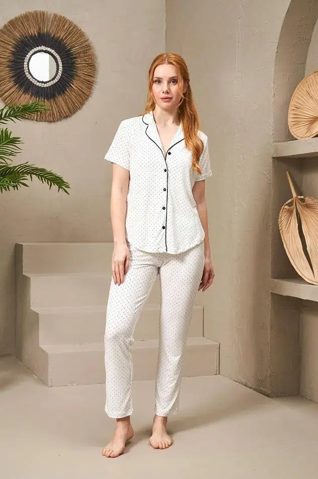 Pjs 25118 Kadın Puanlı Düğmeli Kısa Kollu Pijama Takım - BEYAZ