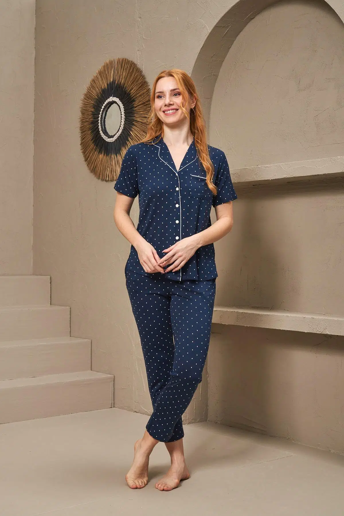 Pjs 25163 Kadın Yakalı Düğmeli Puanlı Kısa Kollu Pijama Takım - LACİVERT