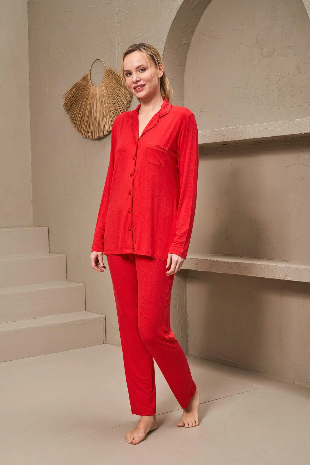 Pjs 25167 Kadın Yakalı Düğmeli Uzun Kollu Kırmızı Pijama Takım - KIRMIZI