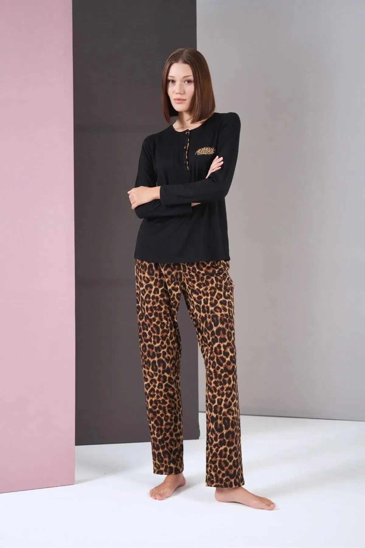 Pjs 26004 Kadın Uzun Kol Leopar Desenli Pijama Takım