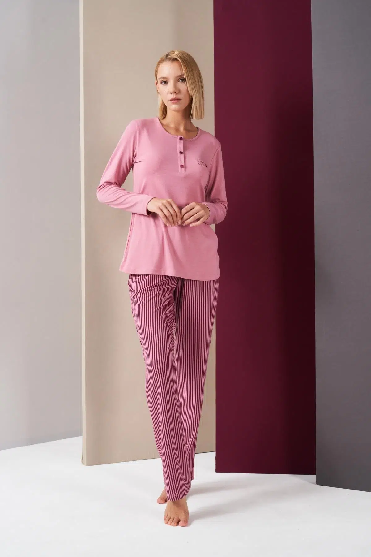 Pjs 26008 With Love Always Kadın Patlı Çizgili Uzun Kollu Pijama Takım - PEMBE