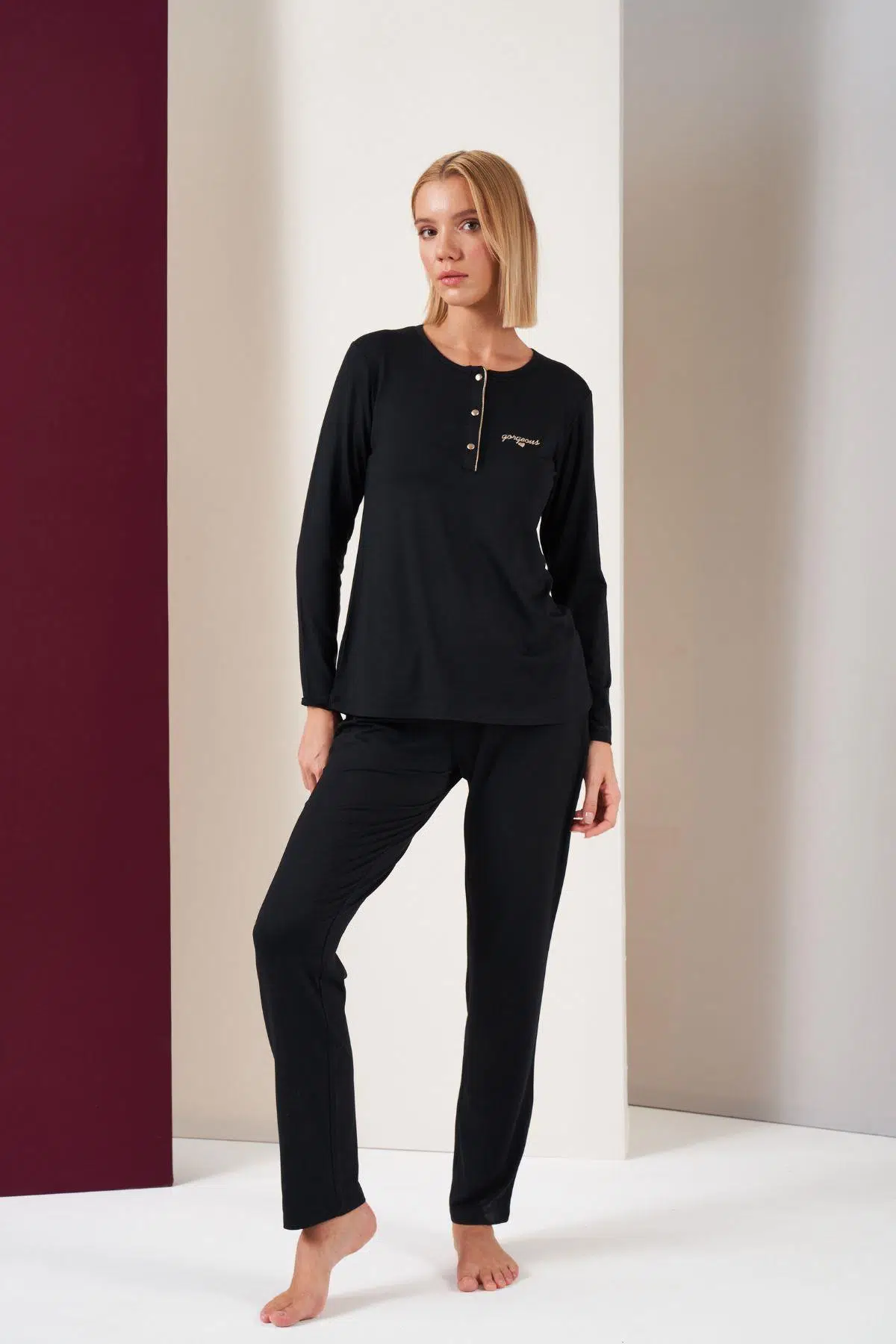 Pjs 26037 Kadın Gorgeous Patlı Biyeli Uzun Kol Pijama Takım - SİYAH