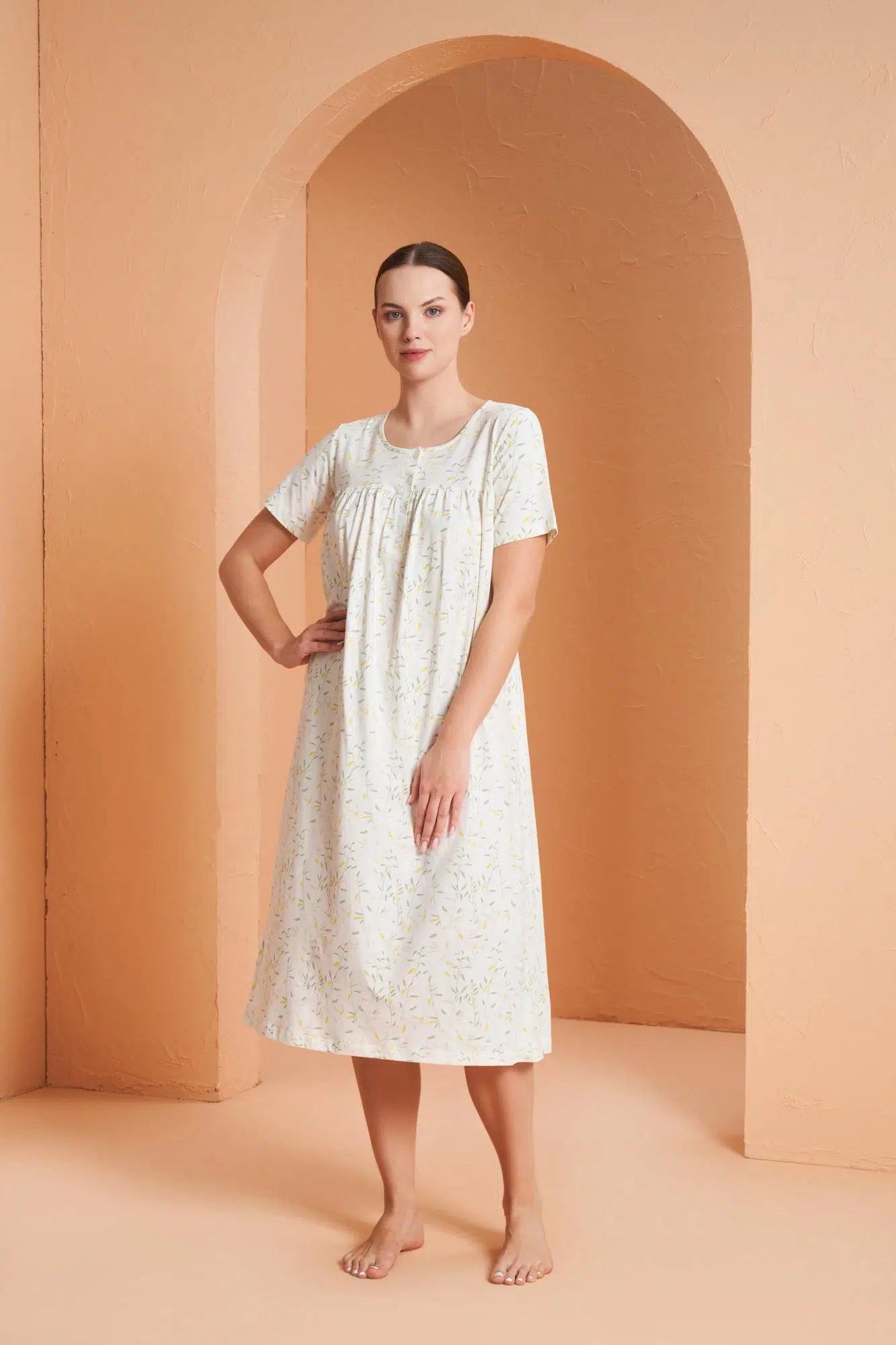 Pjs Kadın Çiçek Desenli Düğmeli Yaka Kısa Kol Gecelik