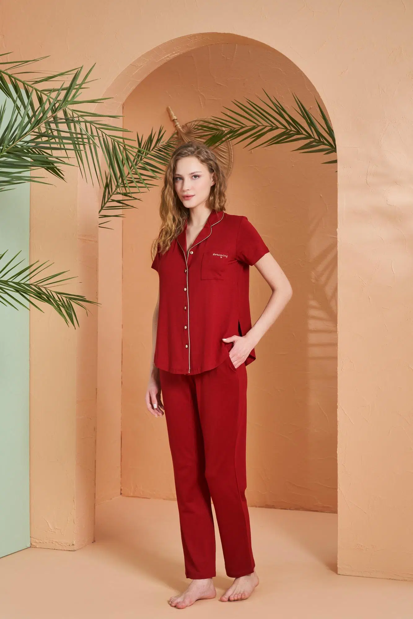 Pjs Dreaming Kadın Gold Detaylı Boydan Düğmeli Kısa Kollu Pijama Takım - BORDO