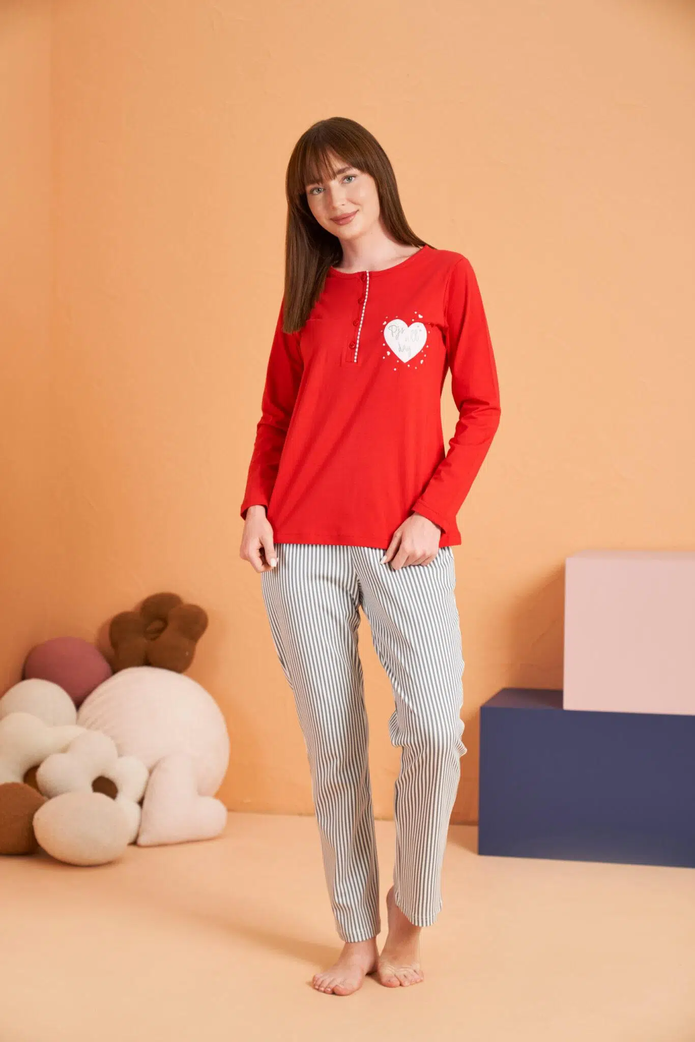Pjs Kadın Anne-Kız %100 Pamuklu Kalpli Desenli Çizgili Uzun Kollu Pijama Takım