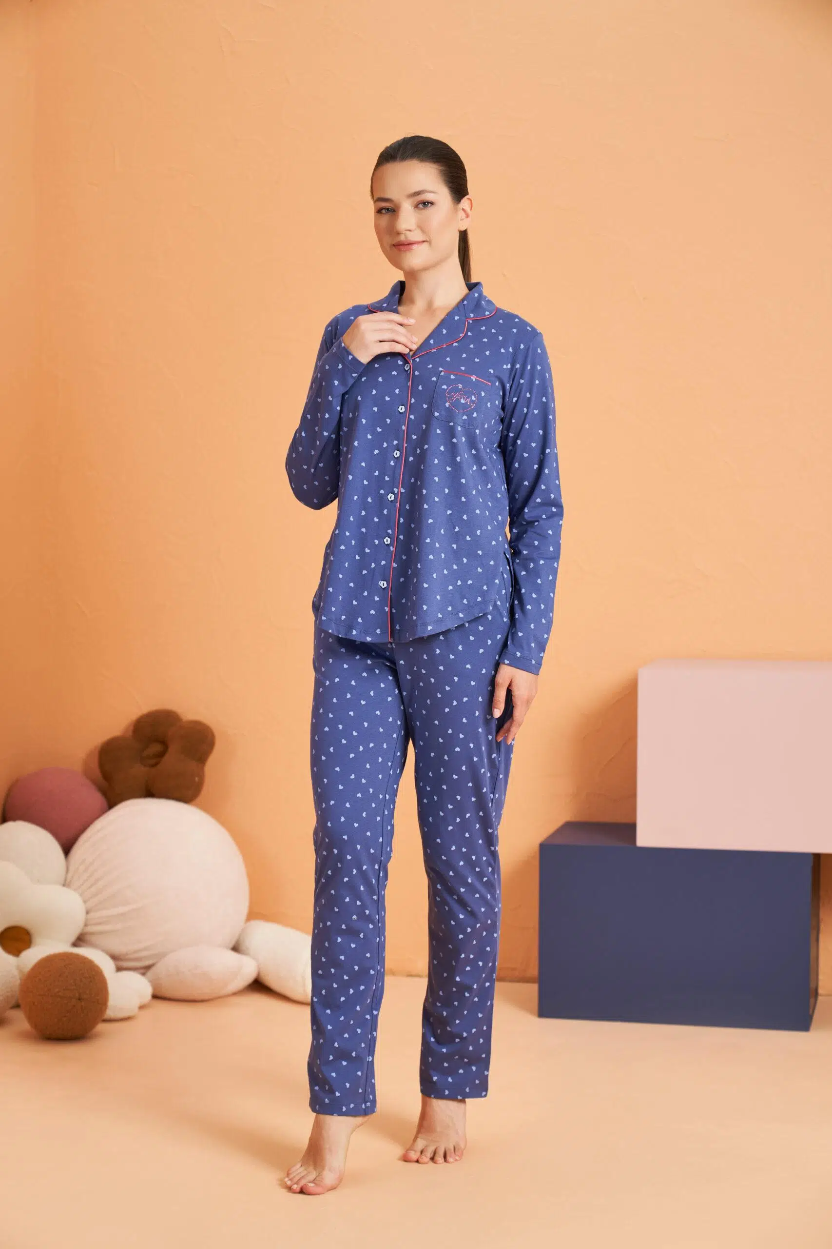 Pjs Kadın Anne-Kız Kalpli Önden Düğmeli Gömlek Yaka Uzun Kollu Pijama Takım