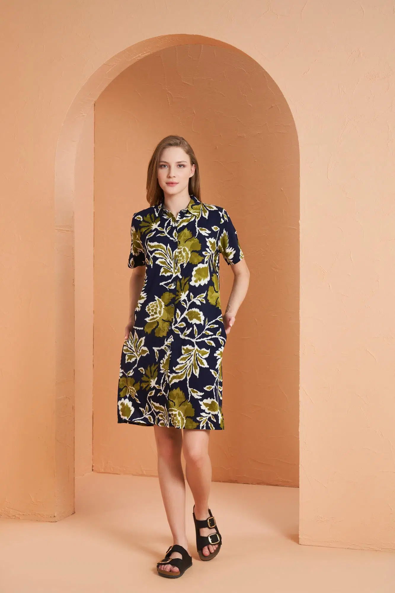 Pjs Kadın Çiçek Desenli Düğmeli Yaka Kısa Kol Viskon Elbise - DESENLİ