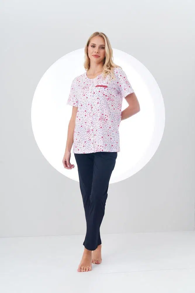 PJS Kadın Desenli Önden Düğmeli Kısa Kollu Pijama Takım - BEYAZ