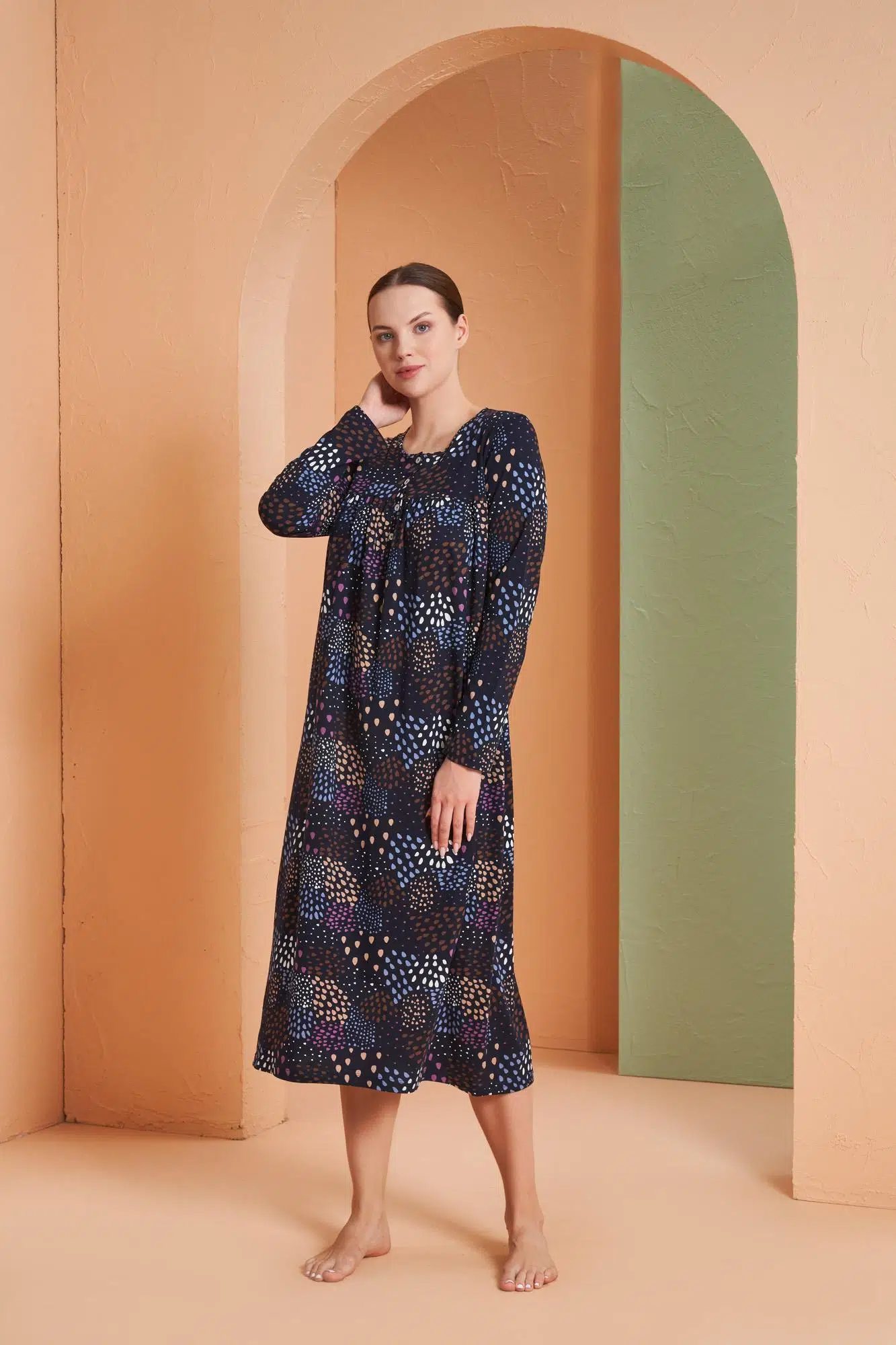 Pjs Kadın Desenli Yuvarlak Düğmeli Yaka Uzun Kollu Gecelik - LACİVERT