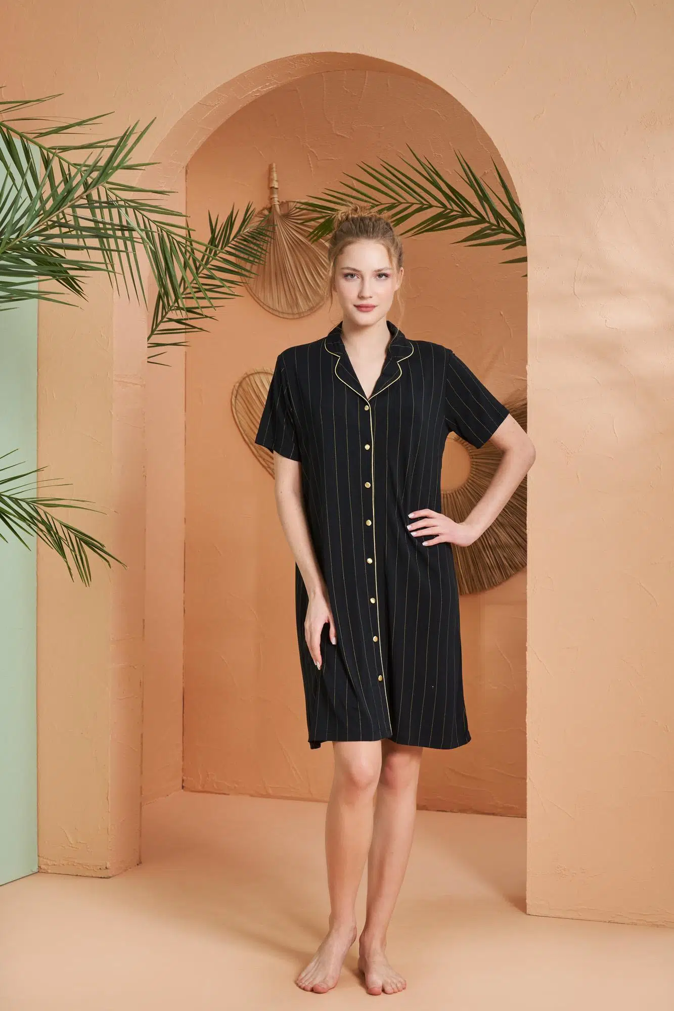 Pjs Kadın Gold Detaylı Çizgili Boydan Düğmeli Kısa Kol Elbise - SİYAH