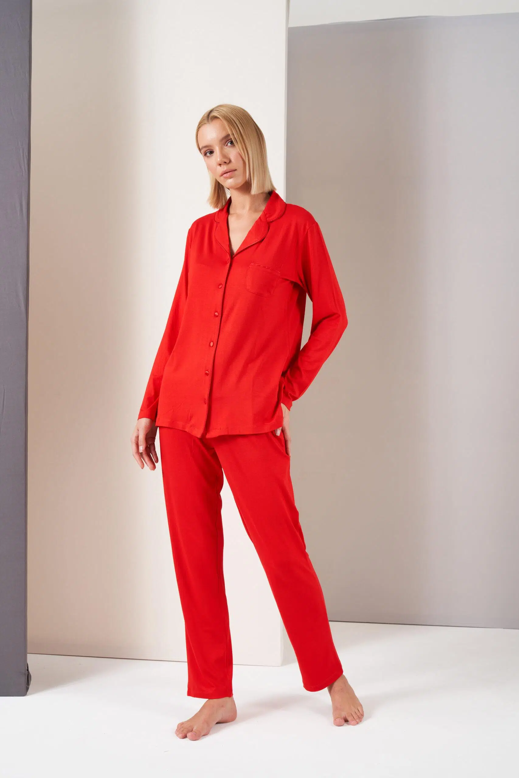 Pjs Kadın Gömlek Yaka Önden Düğmeli Uzun Kollu Pijama Takım - KIRMIZI