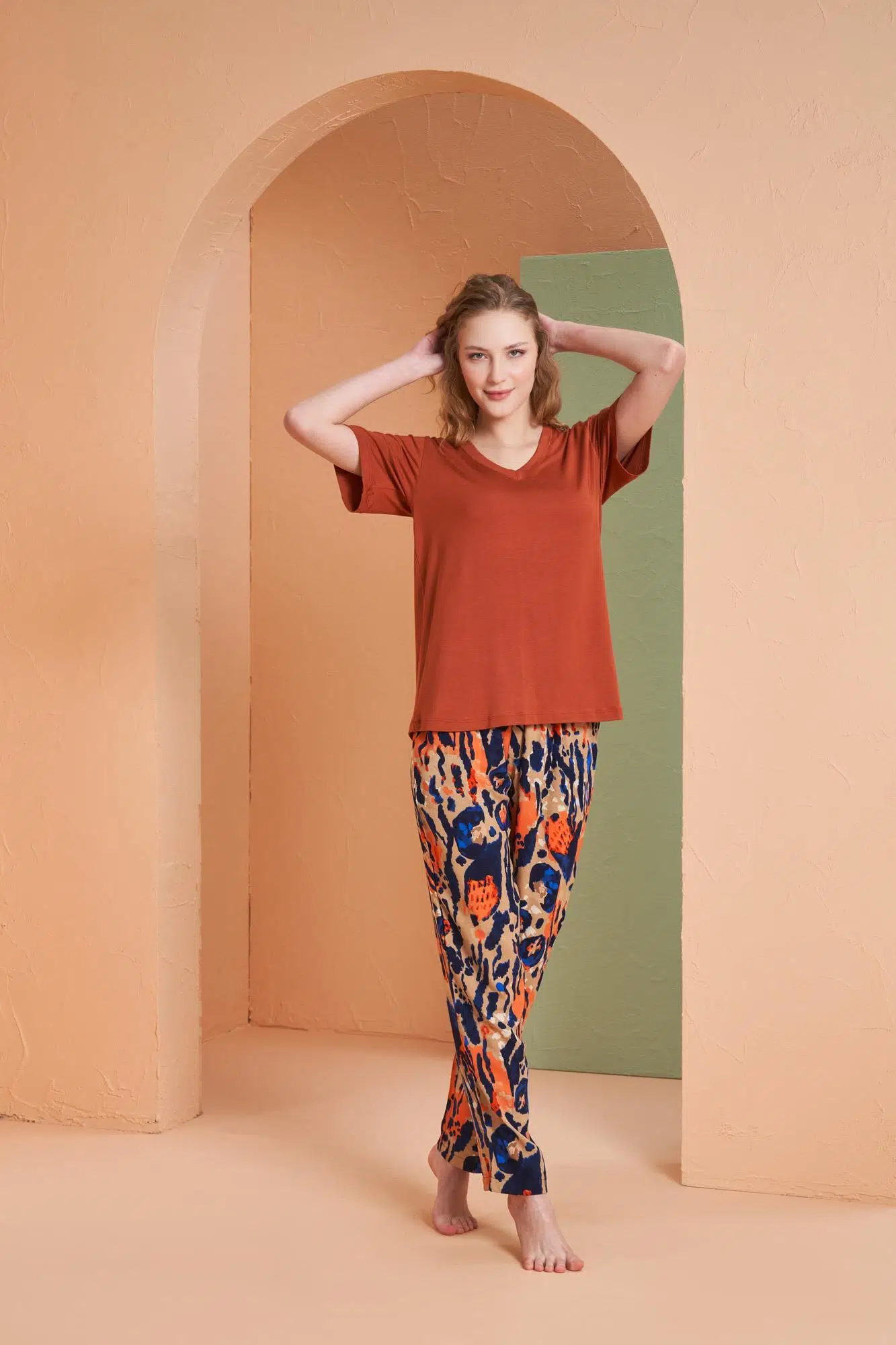 Pjs Kadın Kiremit Desenli V Yaka Kısa Kollu Pijama Takım - KREMİT