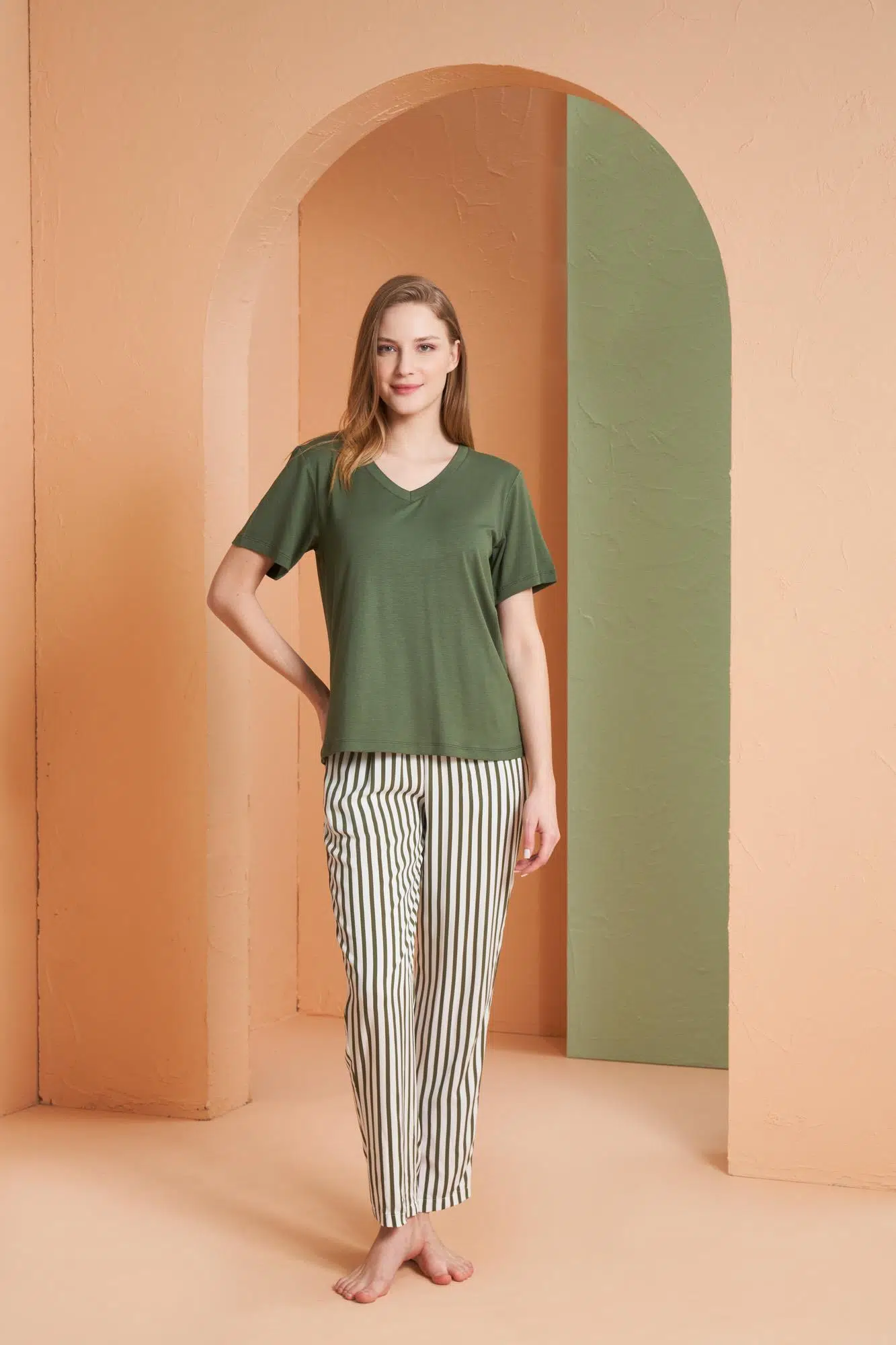 Pjs Kadın V Yaka Yarım Kollu Çizgili Pijama Takım - YEŞİL