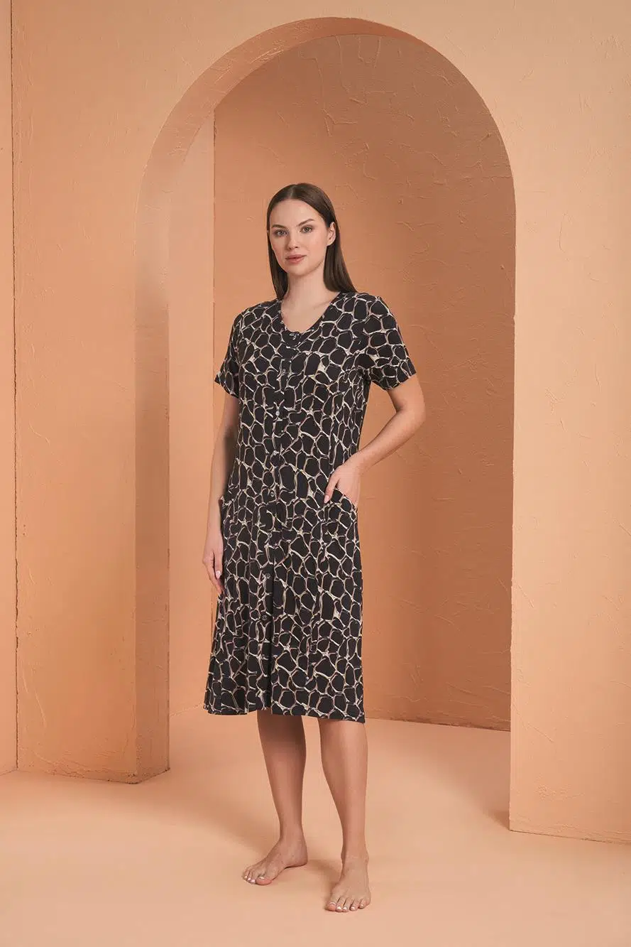 Pjs Kadın Viskon Boydan Düğmeli Kısa Kollu Desenli Elbise - SİYAH