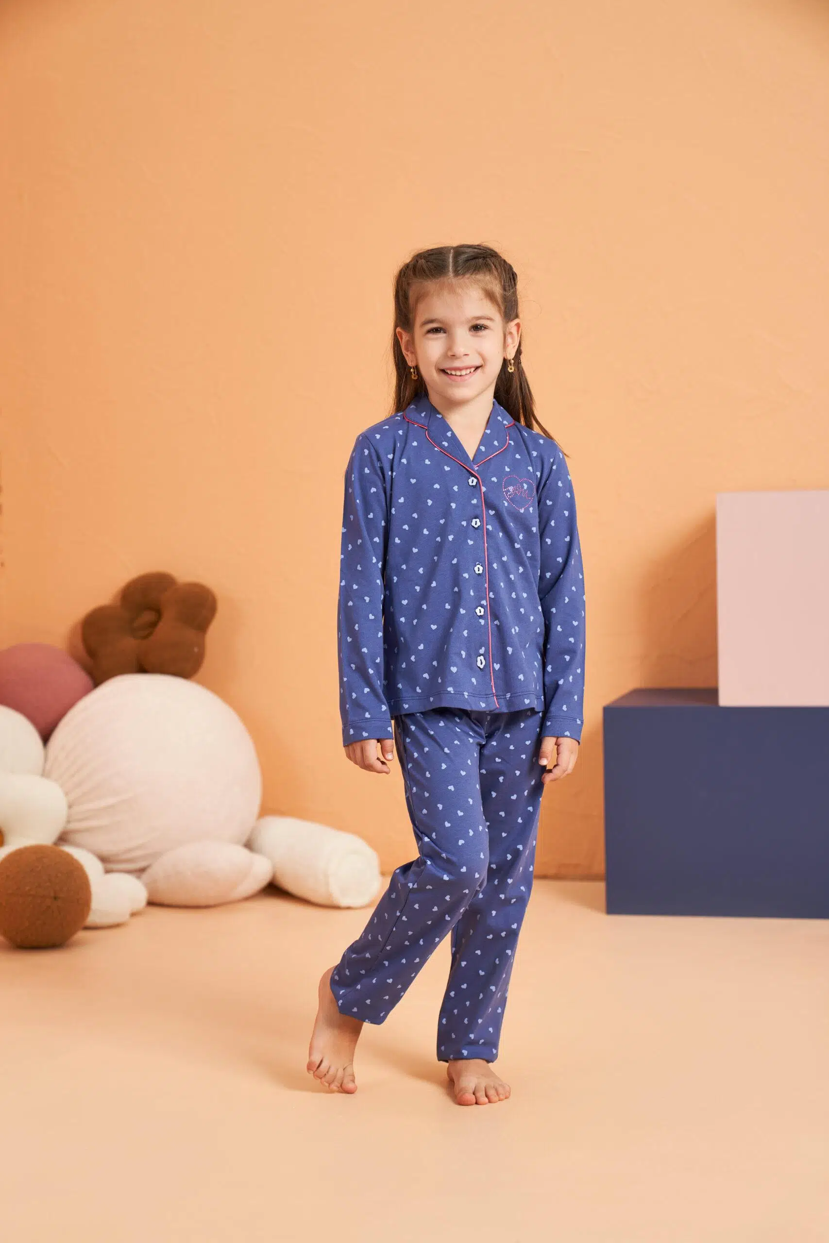 Pjs Kız Çocuk Kalpli Önden Düğmeli Gömlek Yaka Uzun Kollu Pijama Takım