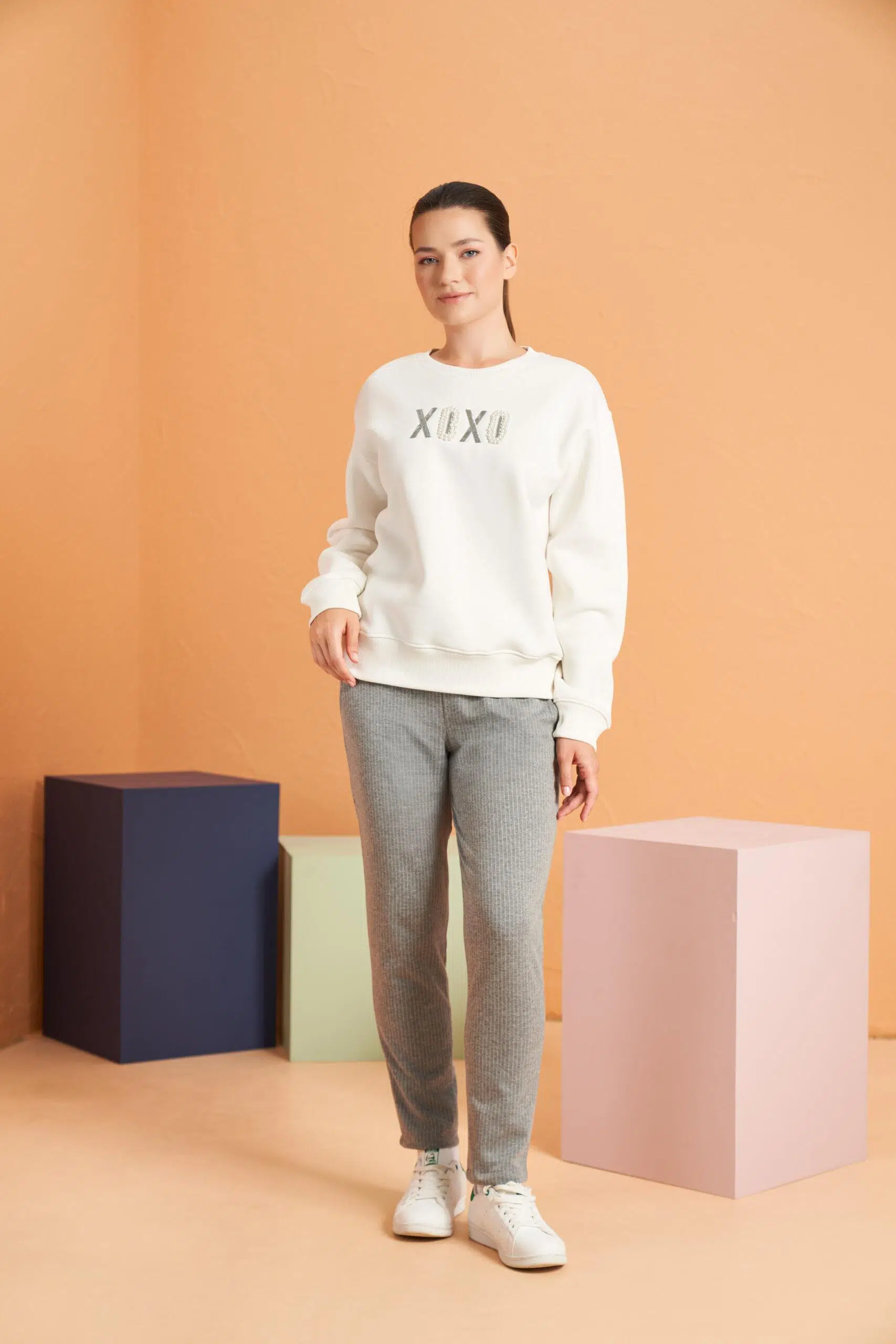 Pjs XOXO Kadın Baskılı Uzun Kollu Sweatshirt Çizgili Eşofman Takım