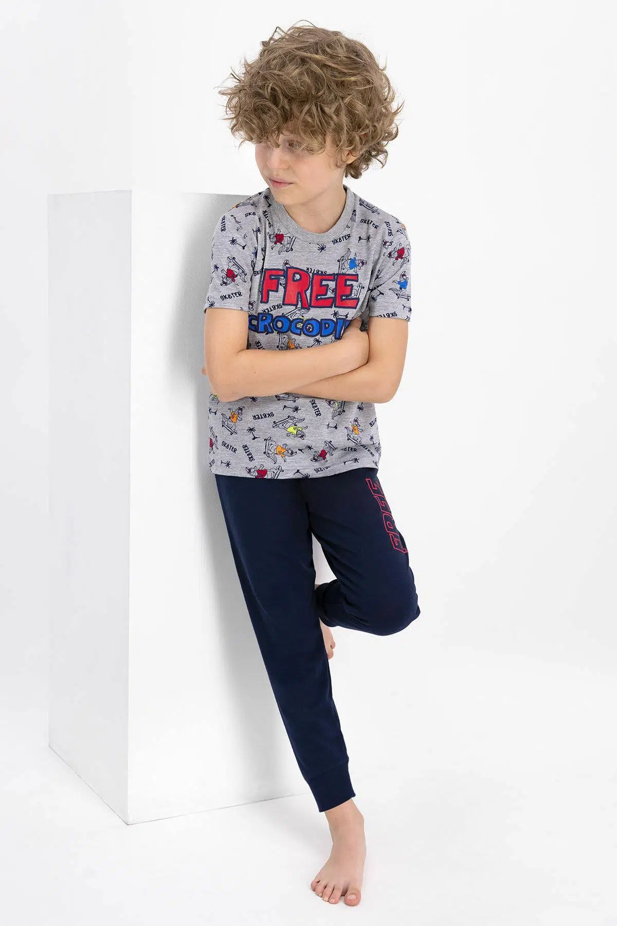 Roly Poly 2343 Free Crocodile Erkek Çocuk Kısa Kol Pijama Takımı - GRİ