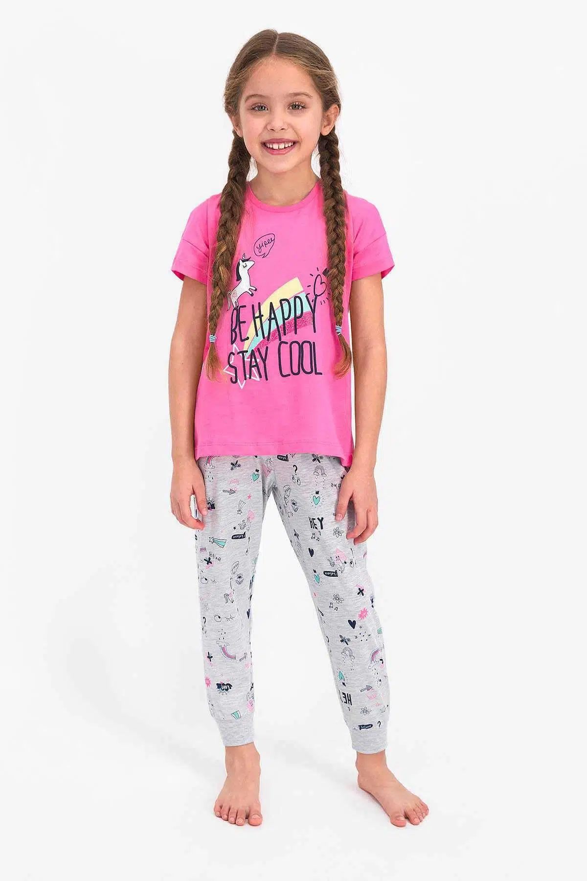 Roly Poly 2451 Kız Çocuk Be Happy Stay Cool Kısa Kol Pijama Takımı - PEMBE