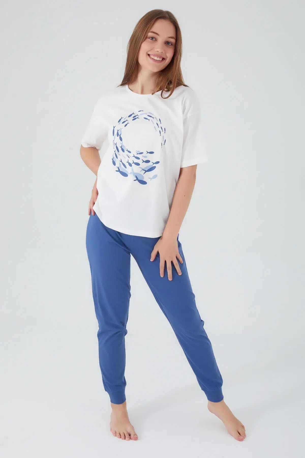 Roly Poly 3091 Spinning Dolphins Krem Kadın Kısa Kol Pijama Takım - KREM