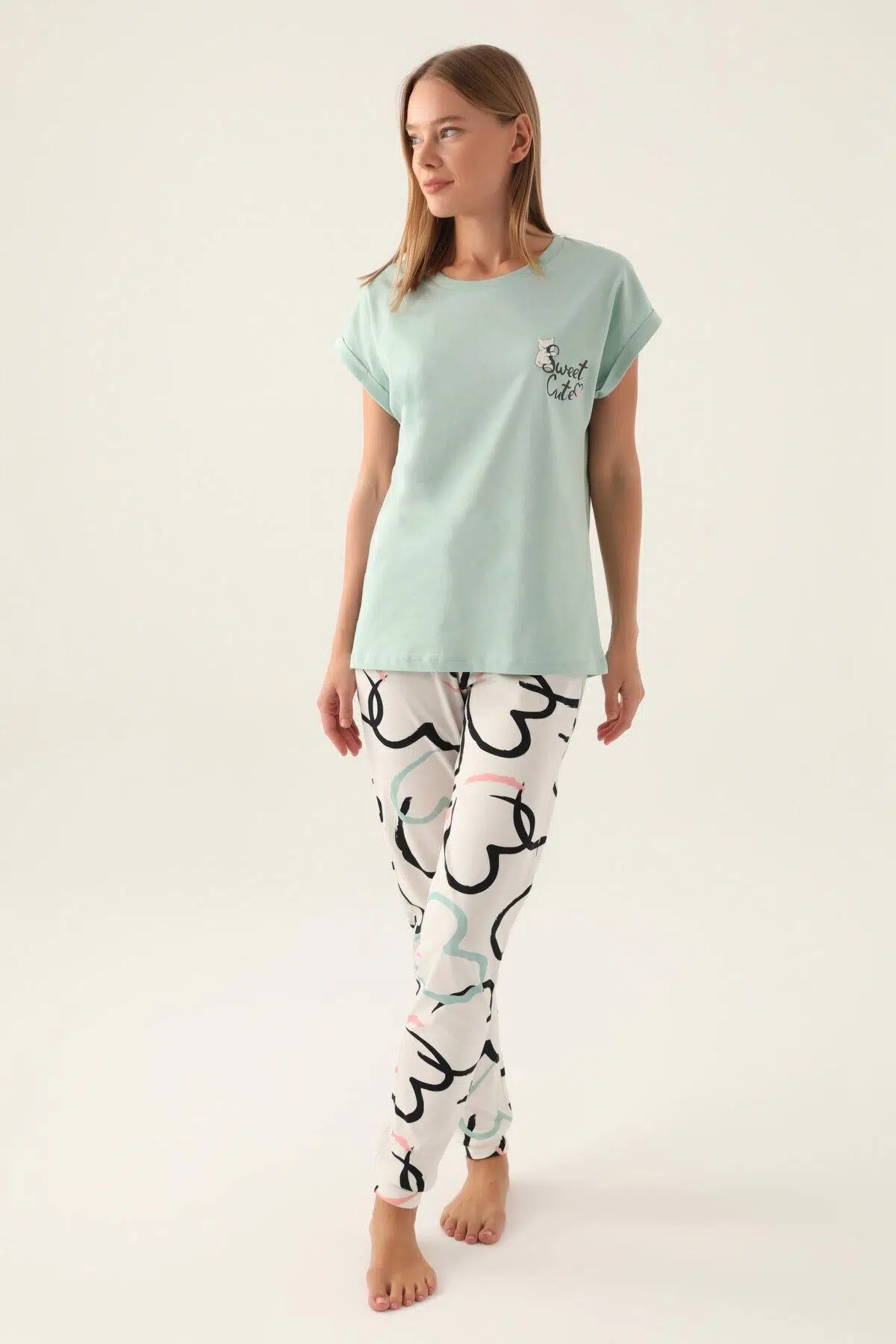 Roly Poly 3399 Cute Kadın Kısa Kol Pijama Takımı - SU YEŞİLİ