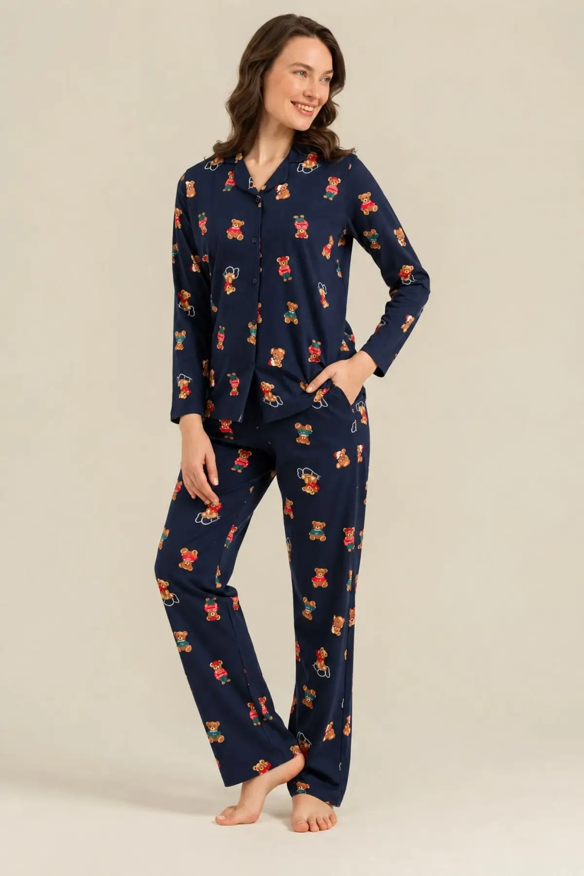 Roly Poly Anne Kız Premium Bear Gömlek Yaka Önden Düğmeli Pamuklu Uzun Kol Pijama Takım