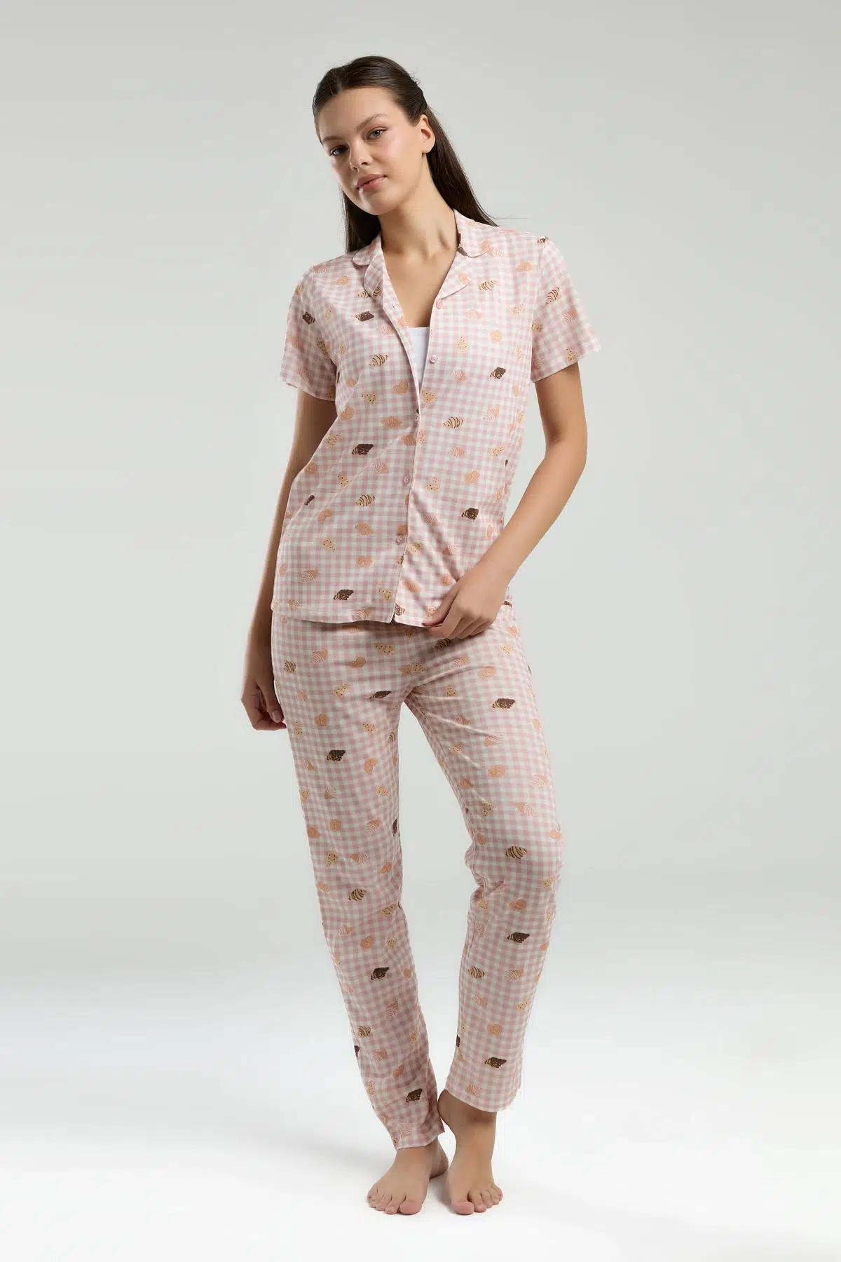 Roly Poly Kadın Gömlek Yaka Önden Düğmeli Kısa Kol Pijama Takım - BEYAZ