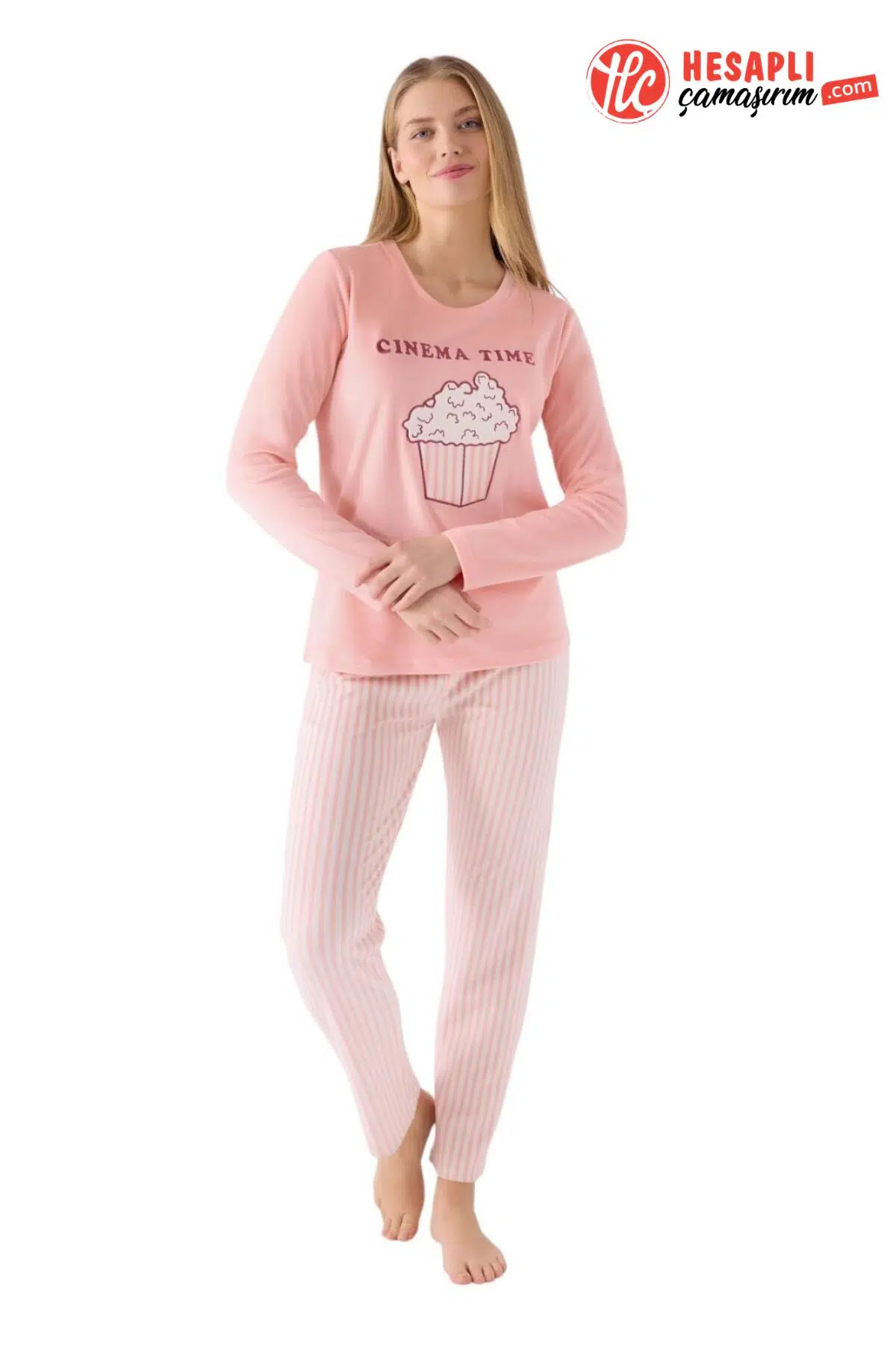 Roly Poly Premium Kadın Pop Corn Cınema Time Uzun Kollu Kadife Pijama Takım - PEMBE
