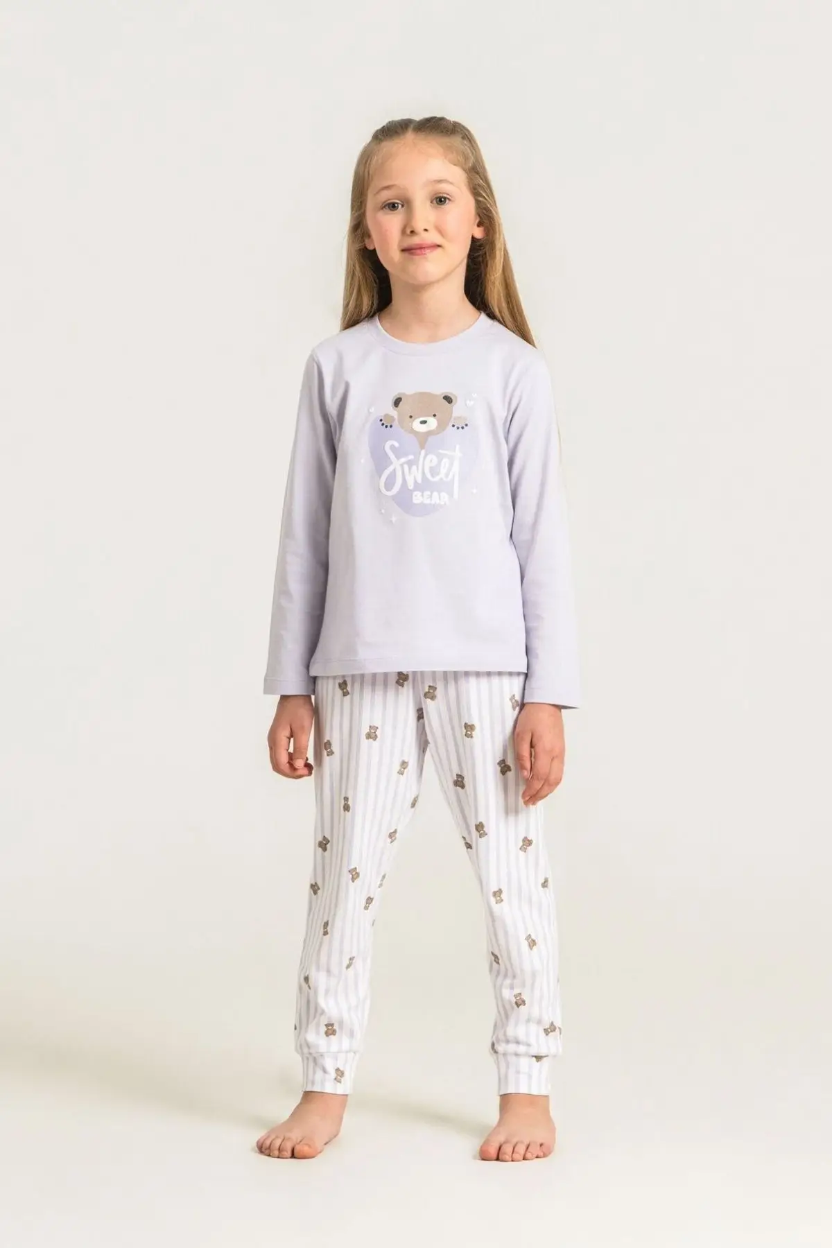 Roly Poly Kız Çocuk %100 Pamuk Ayıcık Baskılı Uzun Kollu Manşetli Pijama Takım