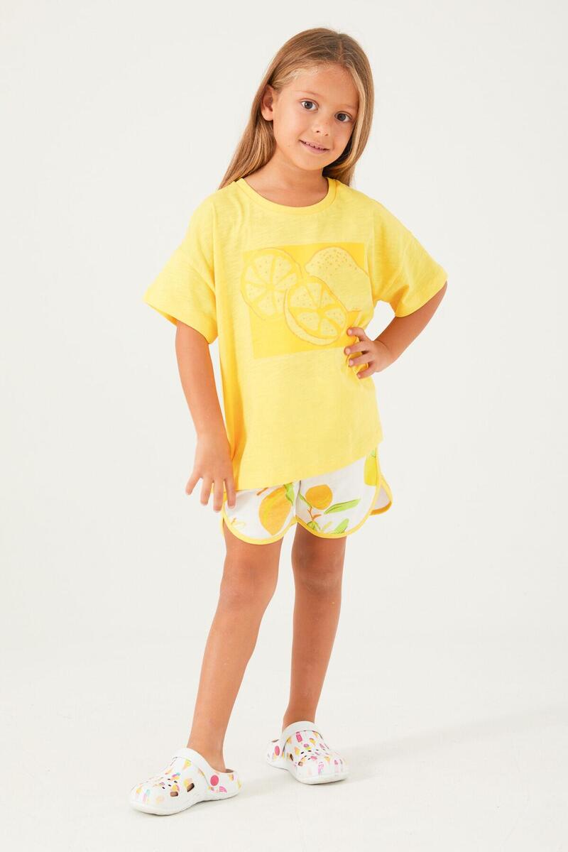 Roly Poly 3086 Garson Fruit Pattern Açık Yeşil Kız Çocuk Şort Takım - SARI
